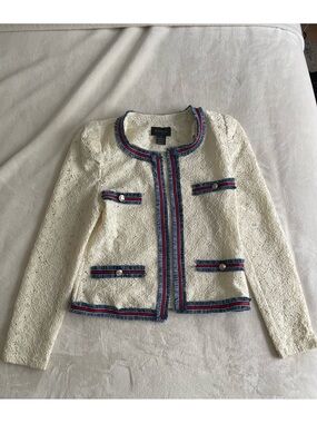 Gracia Cream Lace Tweed Jacket with Navy & Red Trim